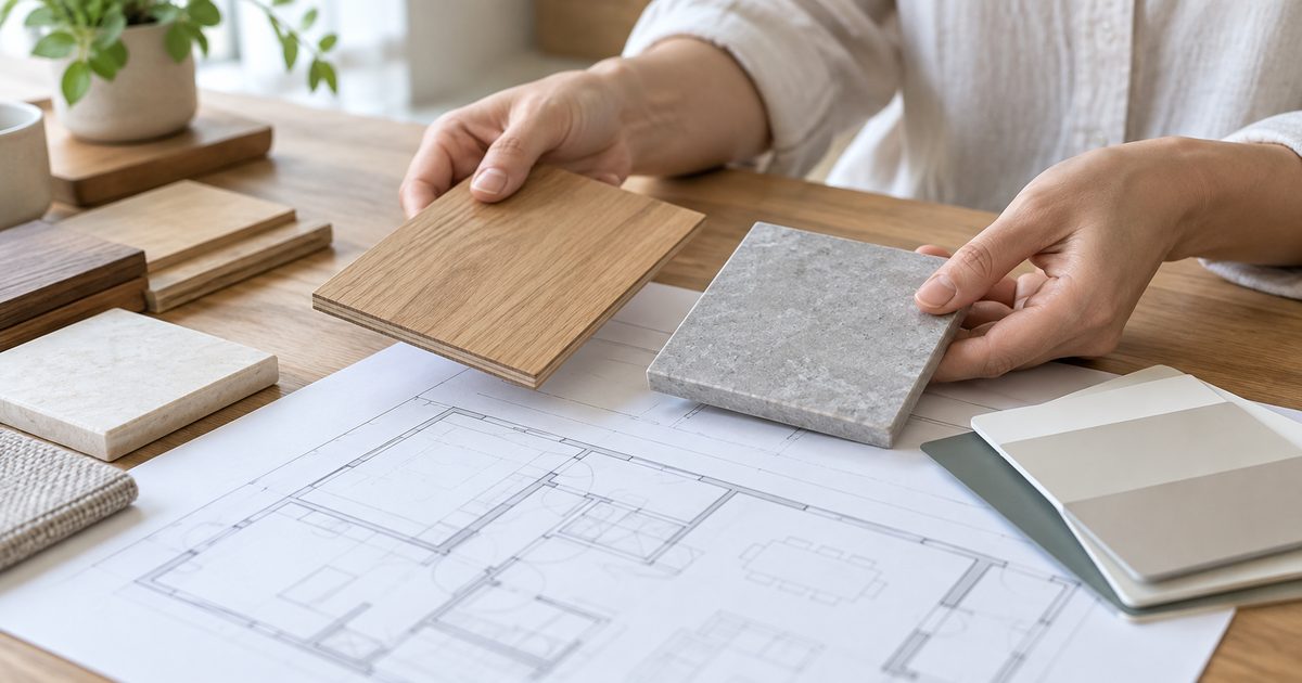 住まいの素材と色見本を比較する手元